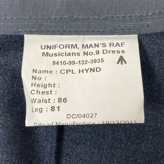 イギリス空軍 RAF ブルーグレー ミュージシャン&コンサート No.9 ドレスパンツ サスペンダー仕立て 新品 =