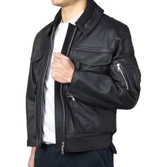 ドイツ警察 POLIZEI フラップポケット レザージャケット バックプリント付 新品 G2NP