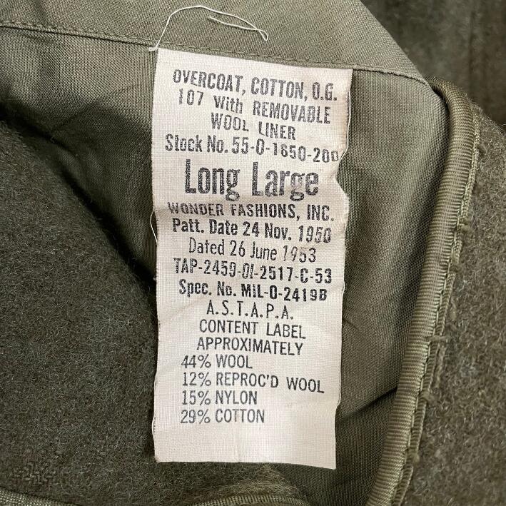 1950s アメリカ陸軍 U.S.ARMY OG-107 M-51 トレンチコート ウールライナー付 USED 605VN3