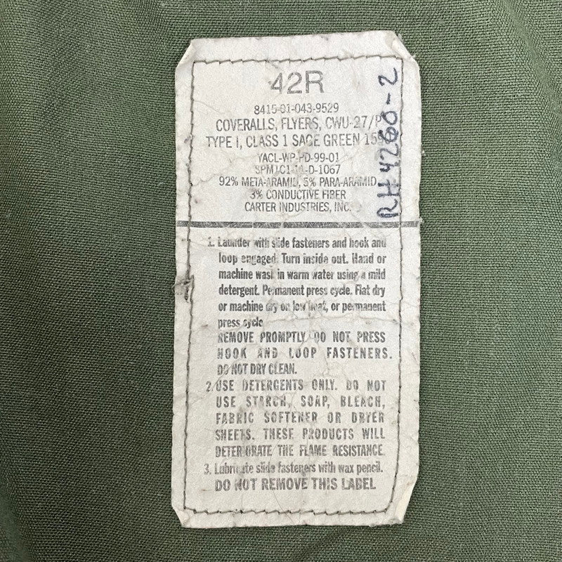 アメリカ軍 セージグリーン CWU-27/P フライトカバーオール サイズ表記42R【FB-CO-ML0004B】
