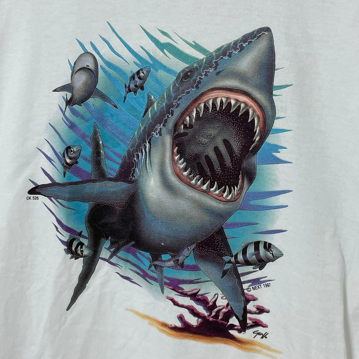 JERZEES/ジャージーズ ホワイト シャーク ヴィンテージ ドライパワーTシャツ Mサイズ【FB-TS-0045B-】