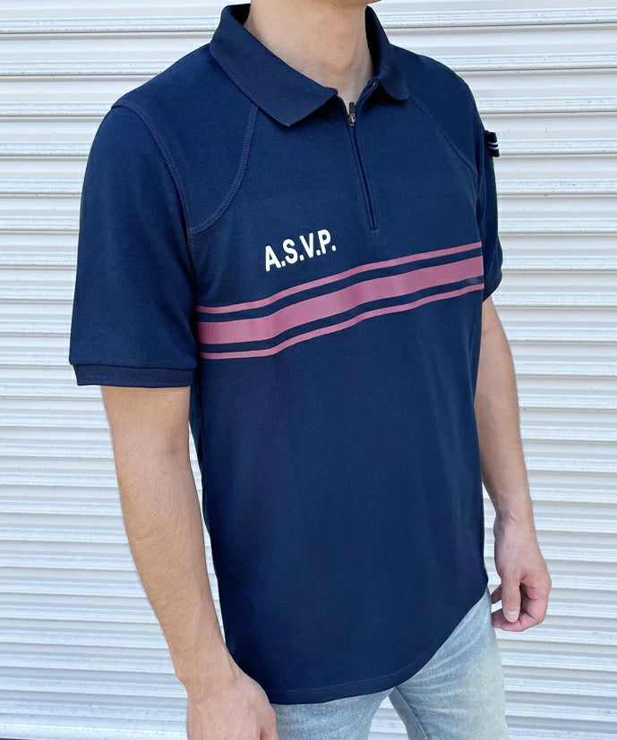 フランス警備隊 ASVP ネイビー レッドストライプ ハーフジップ ポロシャツ 新品 F97N-