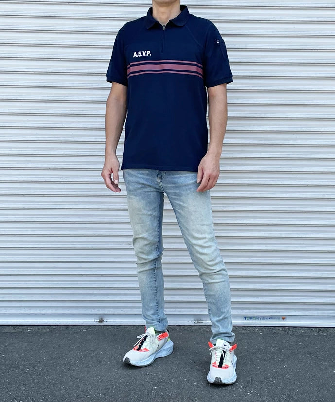 フランス警備隊 ASVP ネイビー レッドストライプ ハーフジップ ポロシャツ 新品 F97N-
