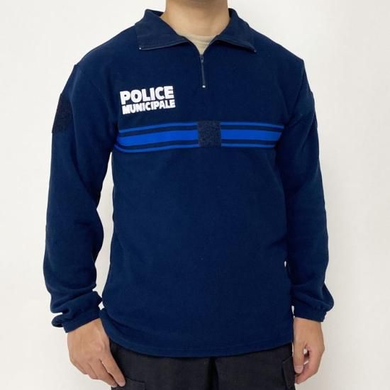 スモール特価 フランス自治体警察 POLICE MUNICIPALE ネイビー ブルーストライプ ハーフZIP フリースシャツ 新品