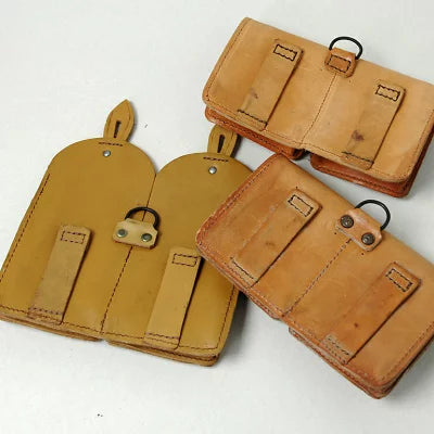 フランス軍 ベージュ ビンテージ 2ポケット レザーポーチ 新品 39PN-