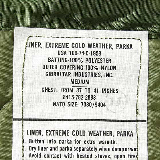 (12/27まで特価)アメリカ軍 OD M-65 モッズパーカーライナー（新品） 65PKLINER-N