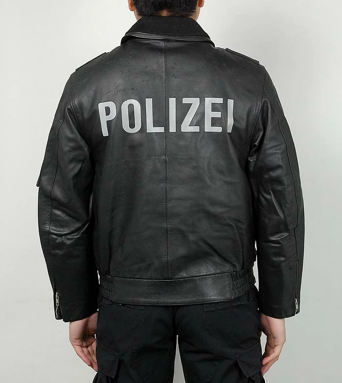 ドイツ警察 POLIZEI フラップポケット レザージャケット バックプリント付 USED G2UP