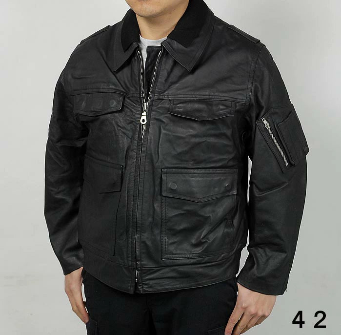 ドイツ警察 POLIZEI フラップポケット レザージャケット バックプリント付 USED G2UP