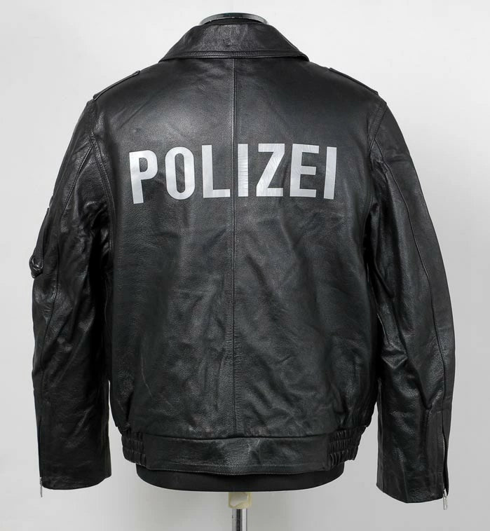 ドイツ警察 POLIZEI フラップポケット レザージャケット バックプリント付 USED G2UP